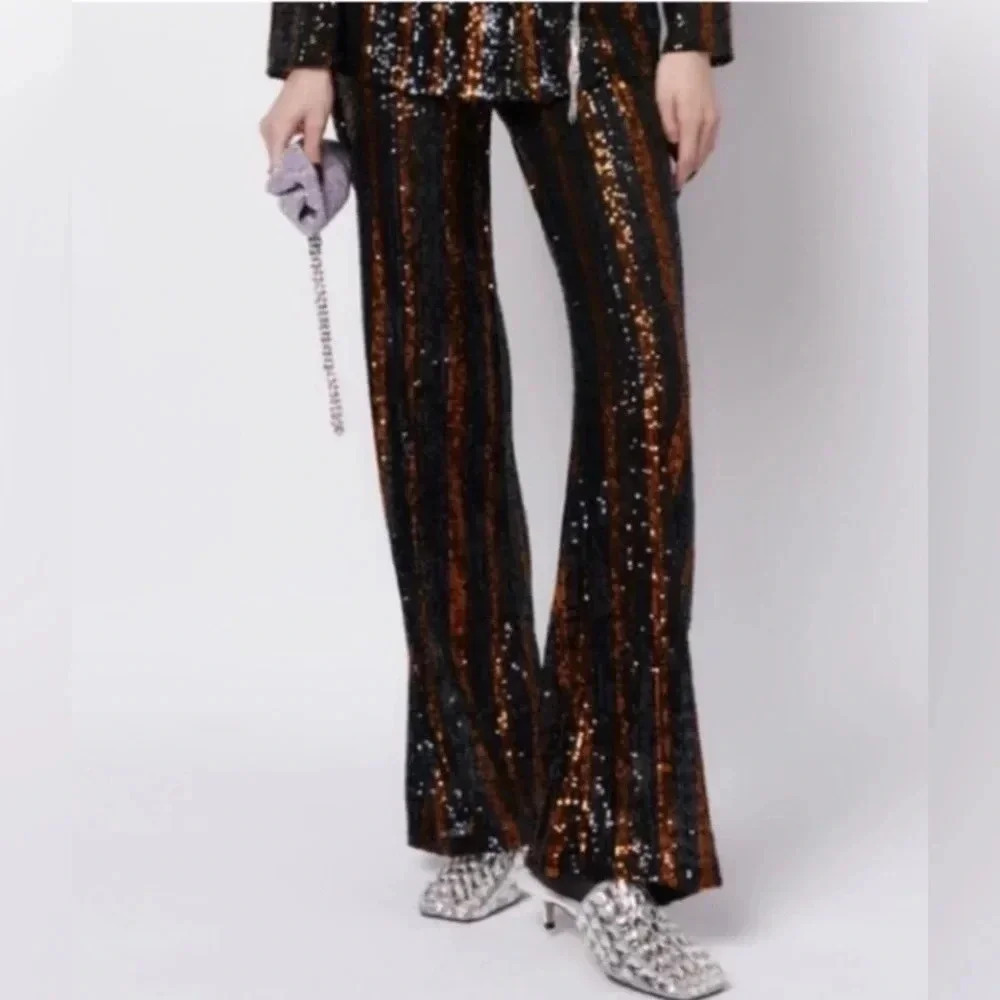 Zara Black & Orange Sequin Flare Pants Party Pants Size Medium